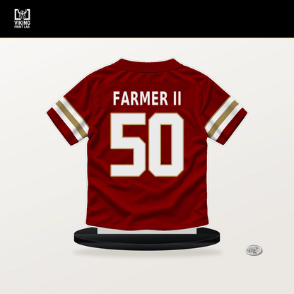 Andrew Farmer II number 50 San Francisco 49ers jersey stand with included black base.