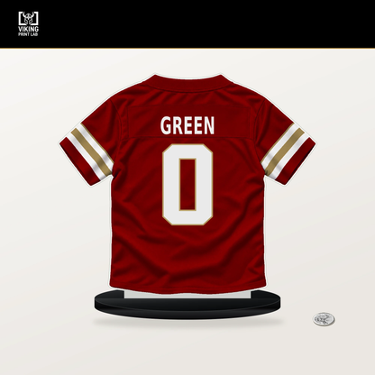 Renardo Green number 0 San Francisco 49ers jersey stand with included black base.
