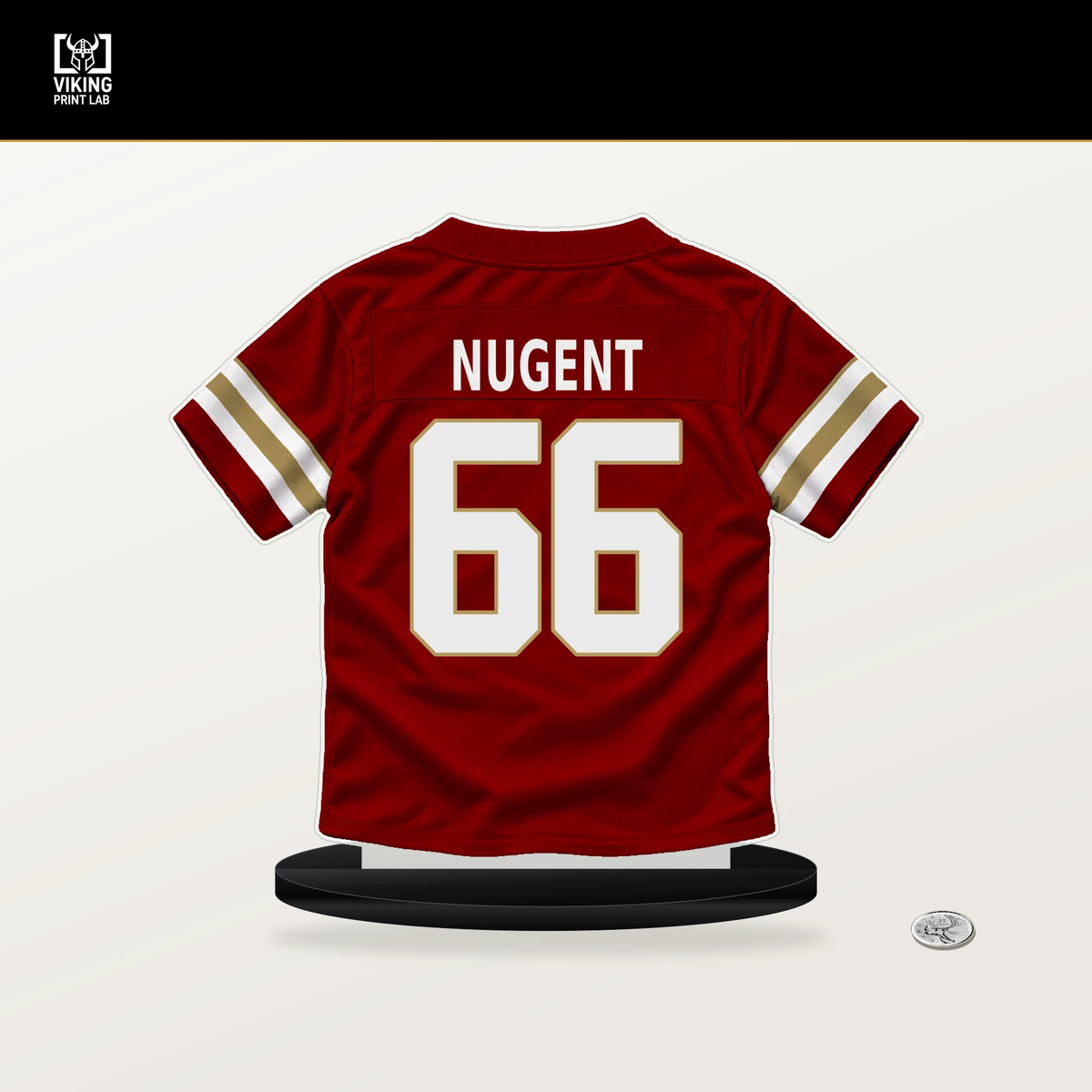 Drake Nugent number 66 San Francisco 49ers jersey stand with included black base.
