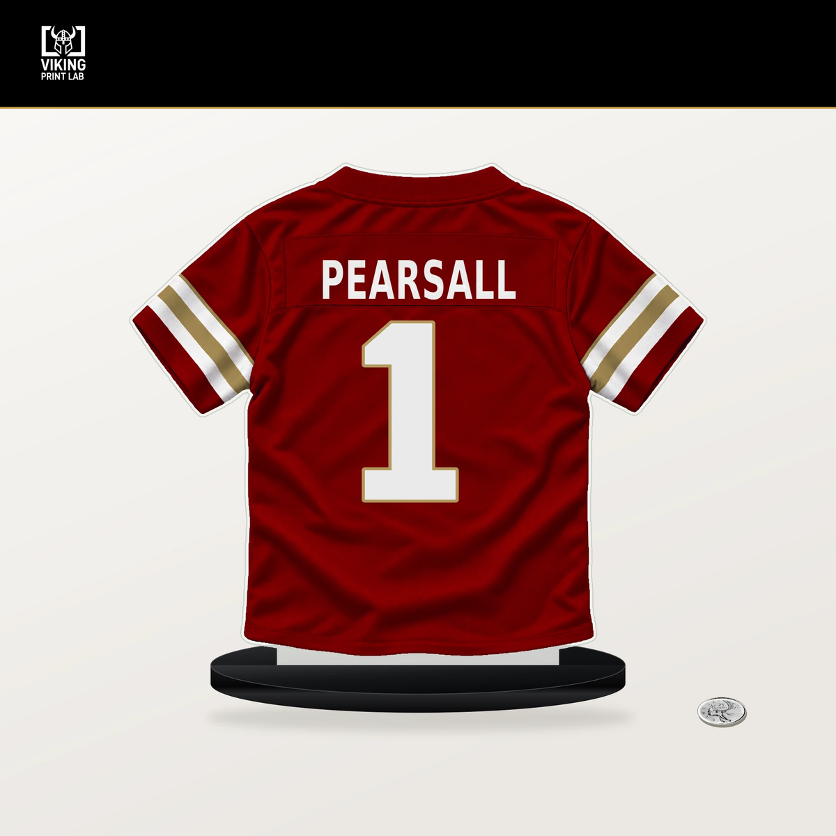 Ricky Pearsall number 1 San Francisco 49ers jersey stand with included black base.
