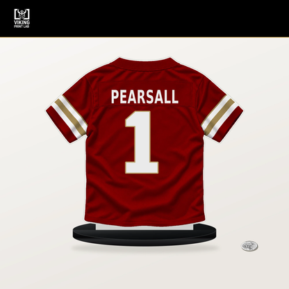 Ricky Pearsall number 1 San Francisco 49ers jersey stand with included black base.