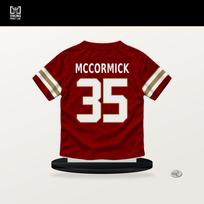 Sincere McCormick number 35 San Francisco 49ers jersey stand with included black base.