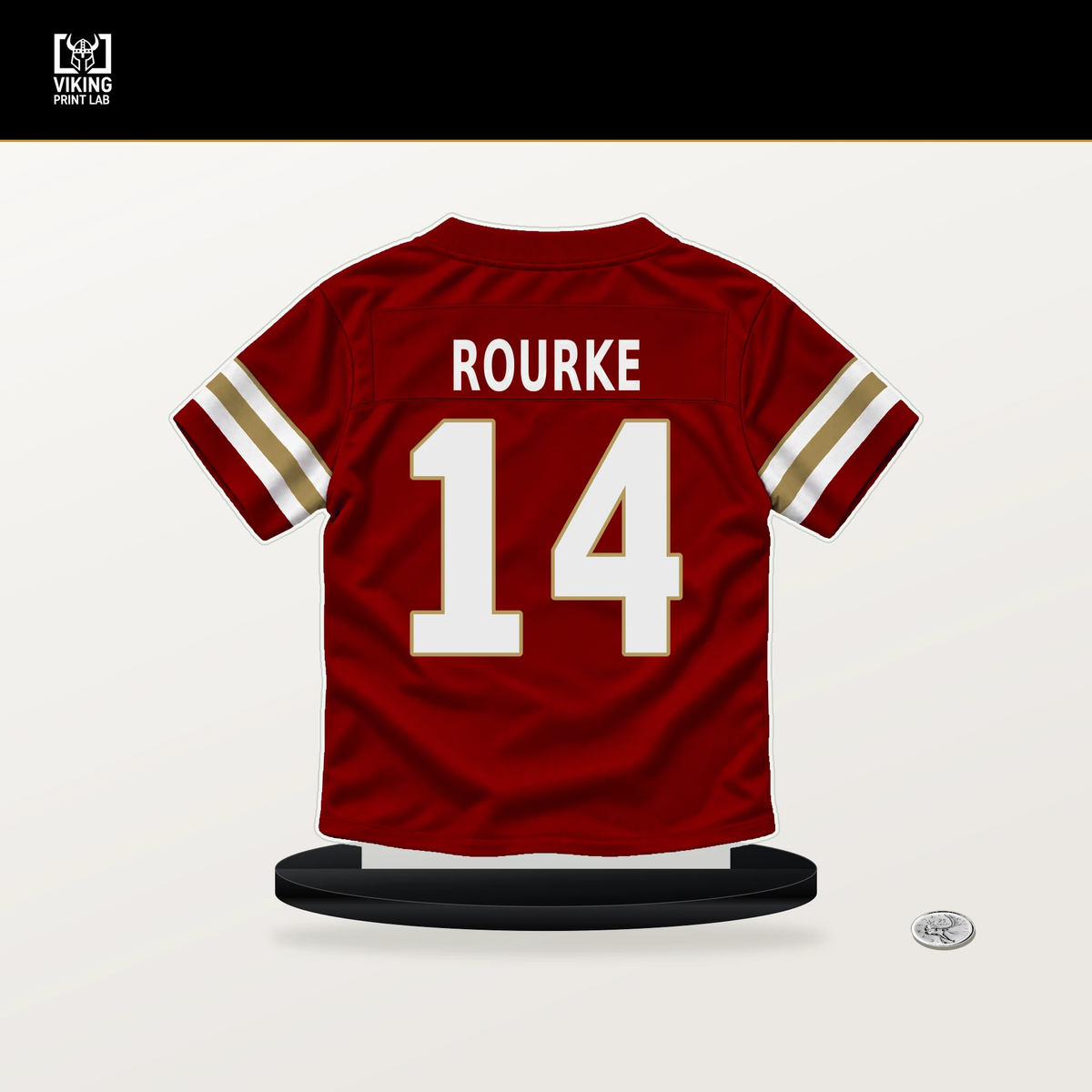 Kurtis Rourke number 14 San Francisco 49ers jersey stand with included black base.