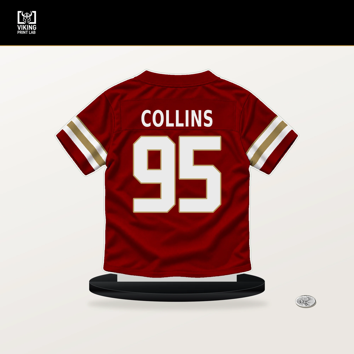 Alfred Collins number 95 San Francisco 49ers jersey stand with included black base.