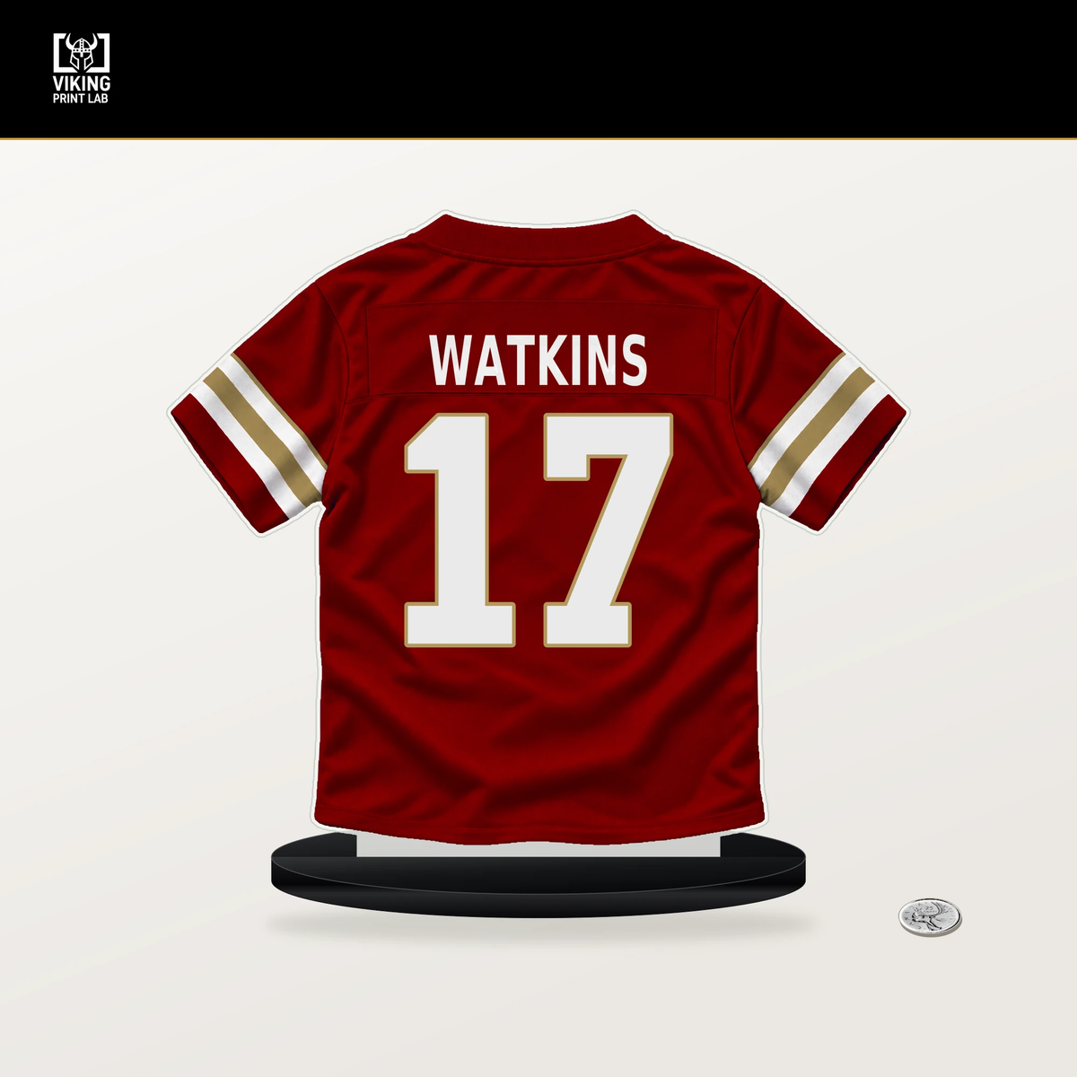 Jordan Watkins number 17 San Francisco 49ers jersey stand with included black base.