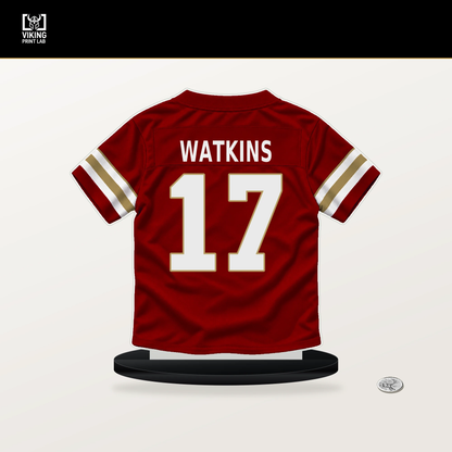 Jordan Watkins number 17 San Francisco 49ers jersey stand with included black base.