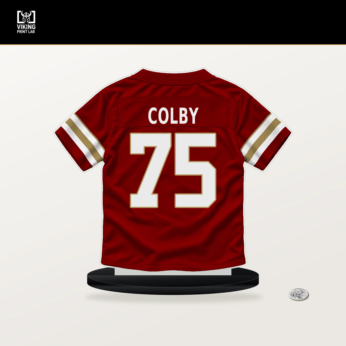 Connor Colby number 75 San Francisco 49ers jersey stand with included black base.