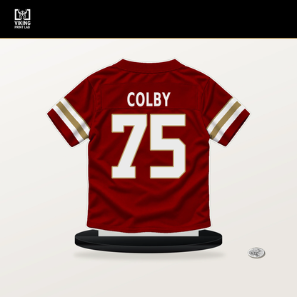 Connor Colby number 75 San Francisco 49ers jersey stand with included black base.