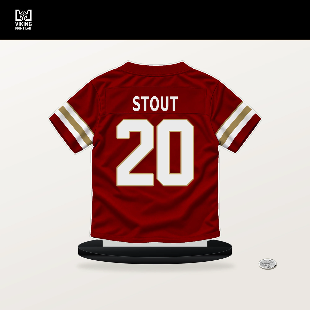 Upton Stout number 20 San Francisco 49ers jersey stand with included black base.