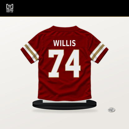 Carver Willis number 74 San Francisco 49ers jersey stand with included black base.
