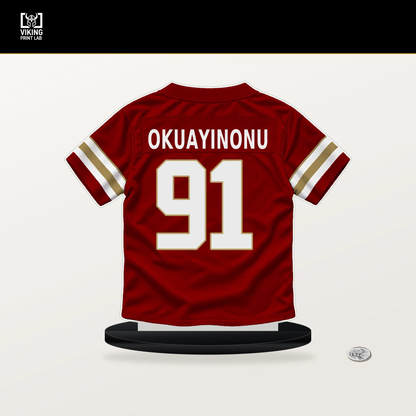 Sam Okuayinonu number 91 San Francisco 49ers jersey stand with included black base.