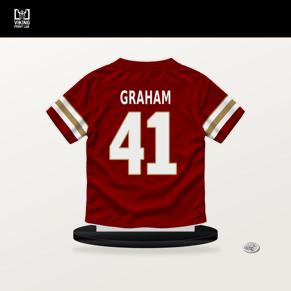 Jalen Graham number 41 San Francisco 49ers jersey stand with included black base.
