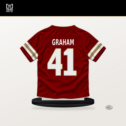Jalen Graham number 41 San Francisco 49ers jersey stand with included black base.