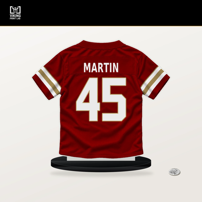 Nick Martin number 45 San Francisco 49ers jersey stand with included black base.