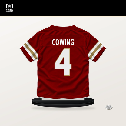Jacob Cowing number 4 San Francisco 49ers jersey stand with included black base.