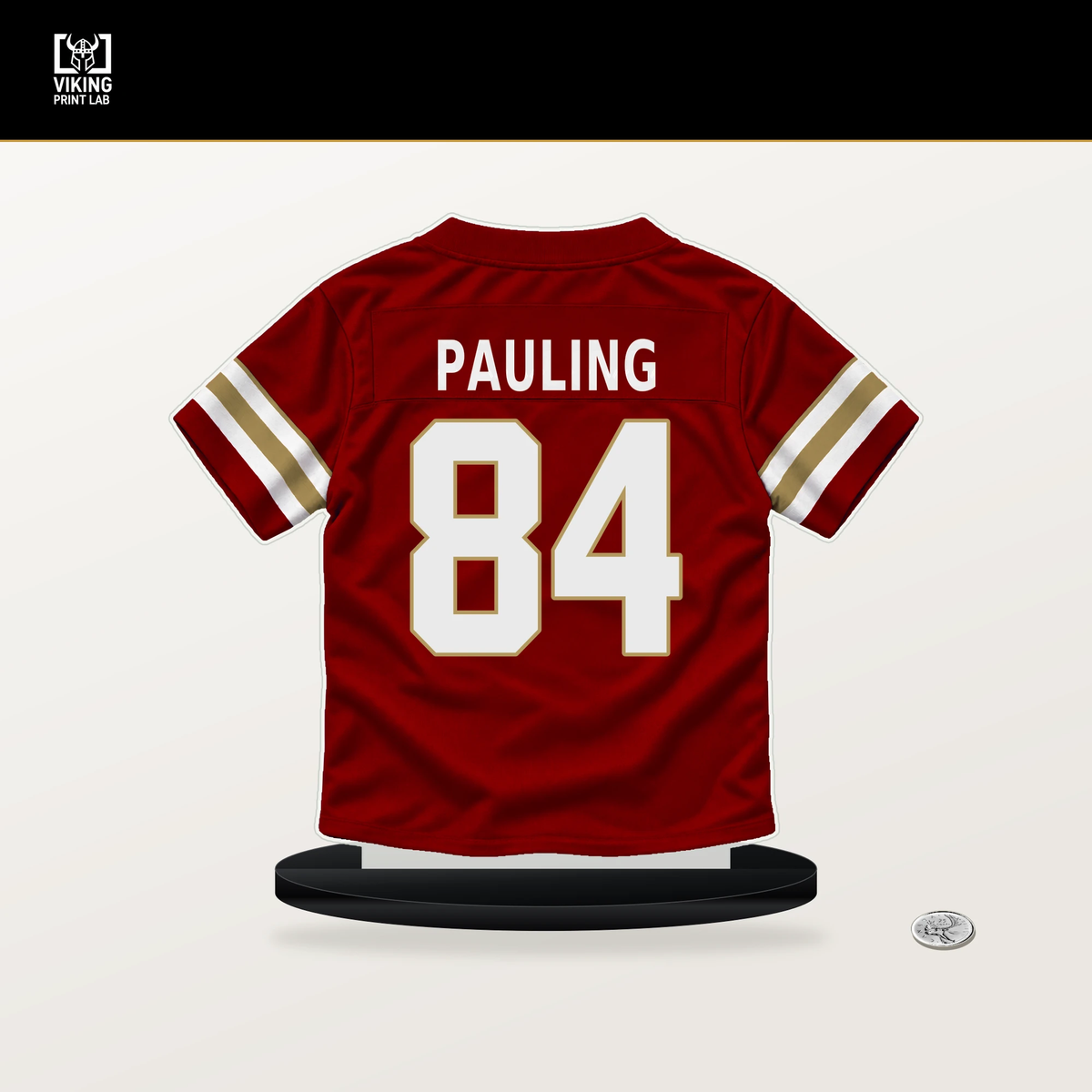 Will Pauling number 84 San Francisco 49ers jersey stand with included black base.