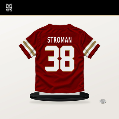 Jalen Stroman number 38 San Francisco 49ers jersey stand with included black base.
