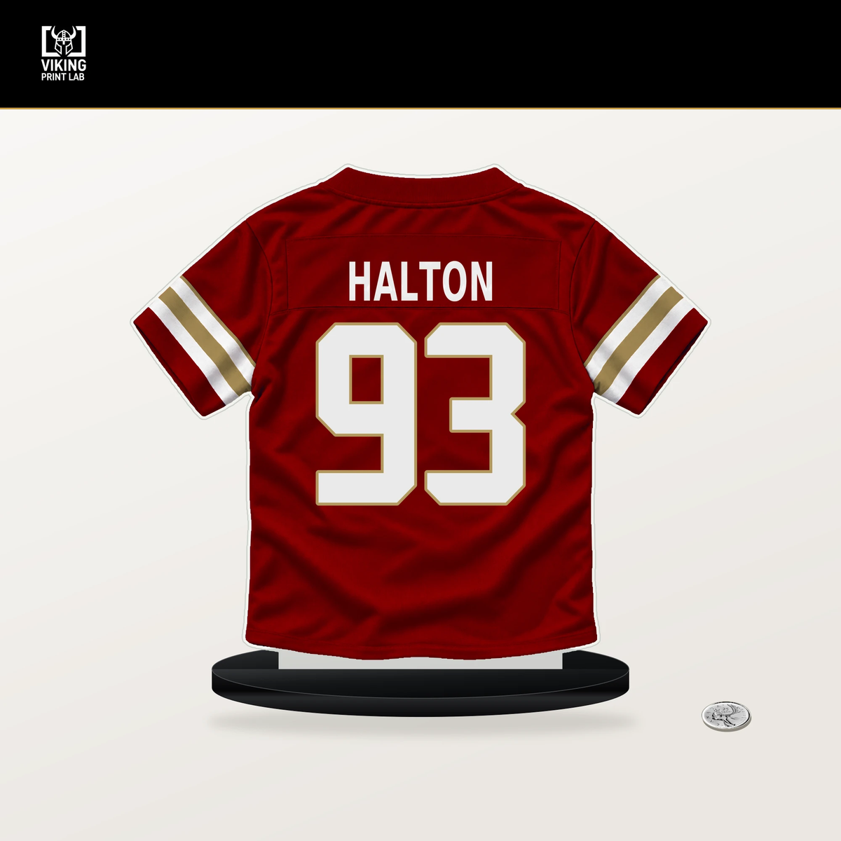 Gracen Halton number 93 San Francisco 49ers jersey stand with included black base.