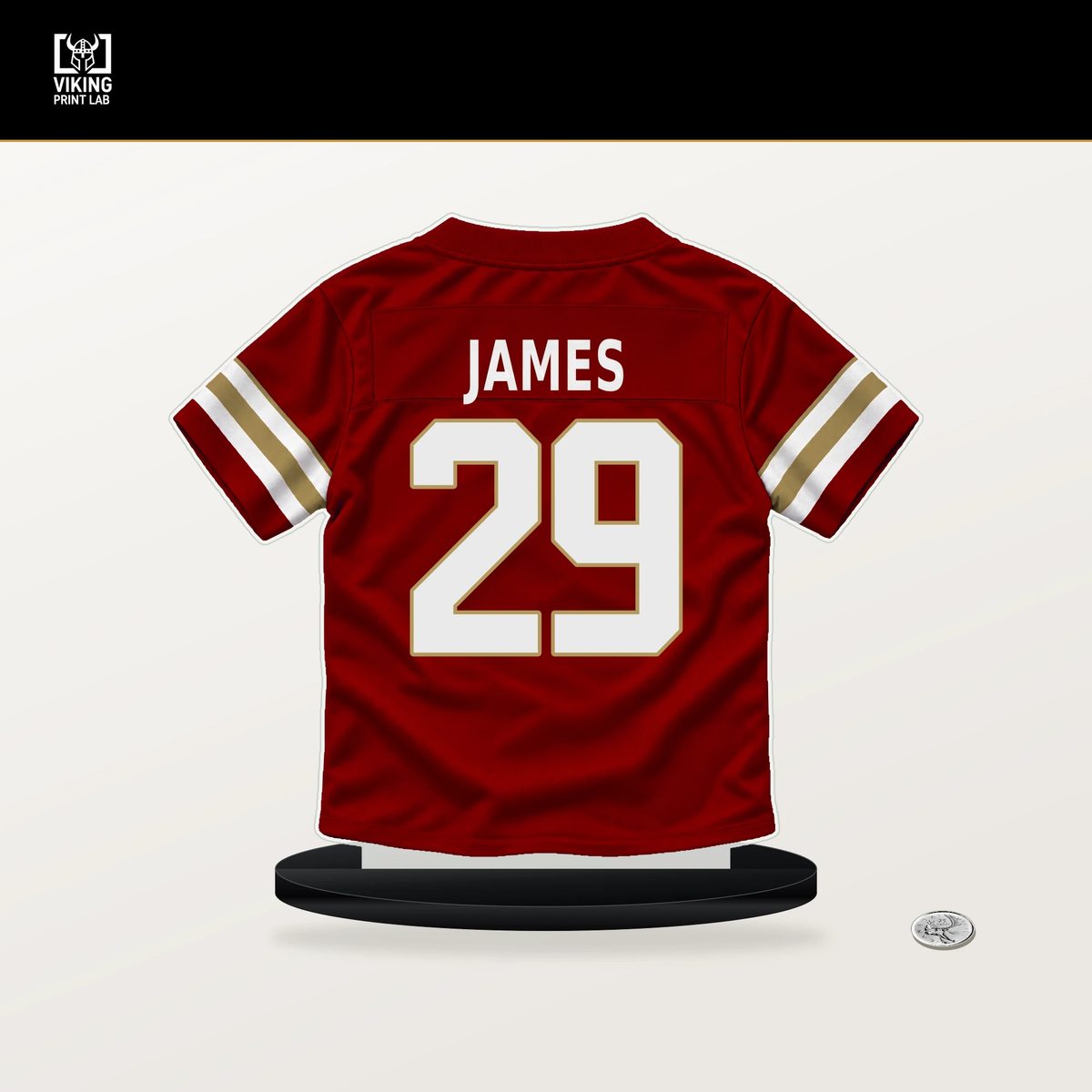 Jordan James number 29 San Francisco 49ers jersey stand with included black base.