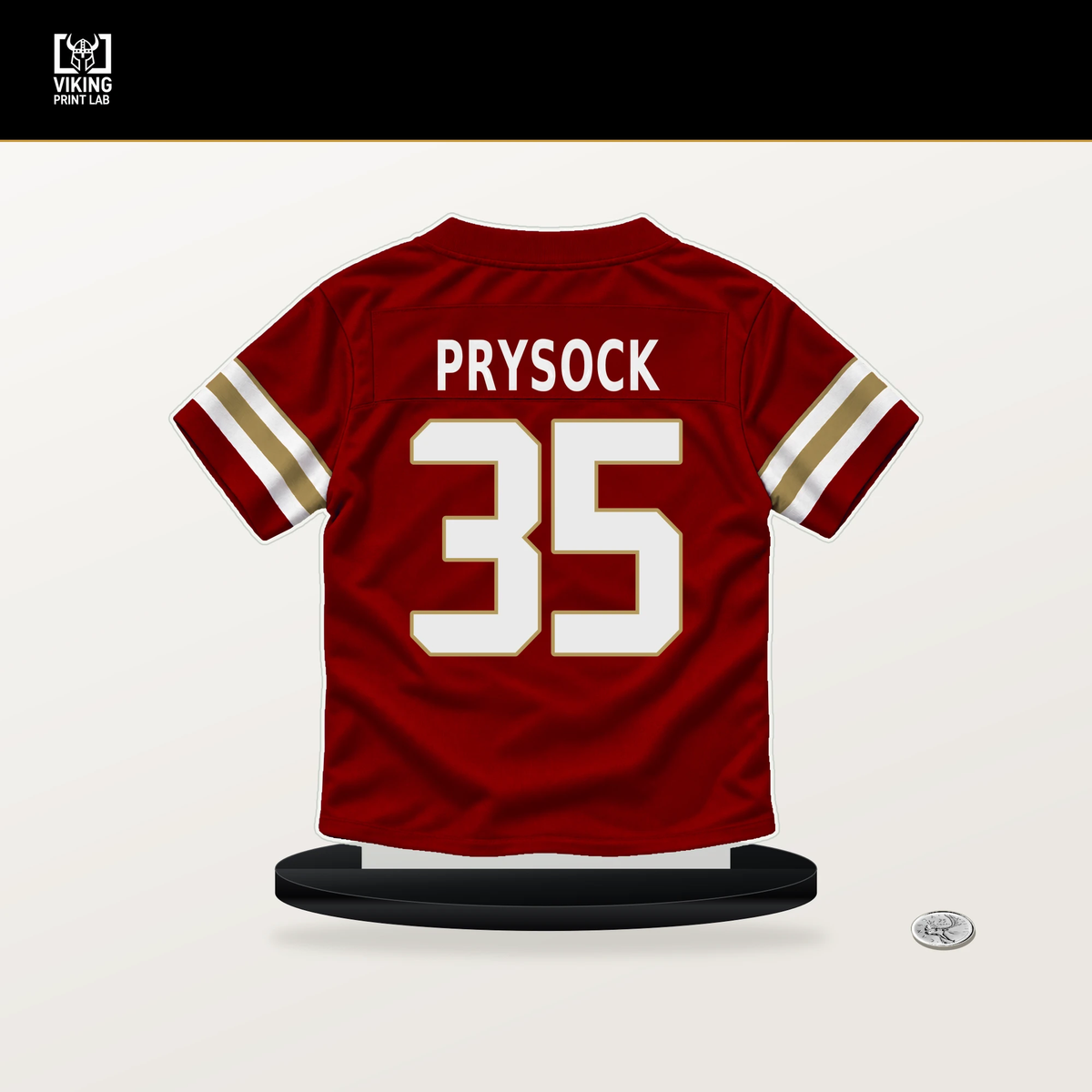 Ephesians Prysock number 35 San Francisco 49ers jersey stand with included black base.