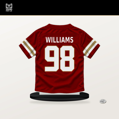 Mykel Williams number 98 San Francisco 49ers jersey stand with included black base.