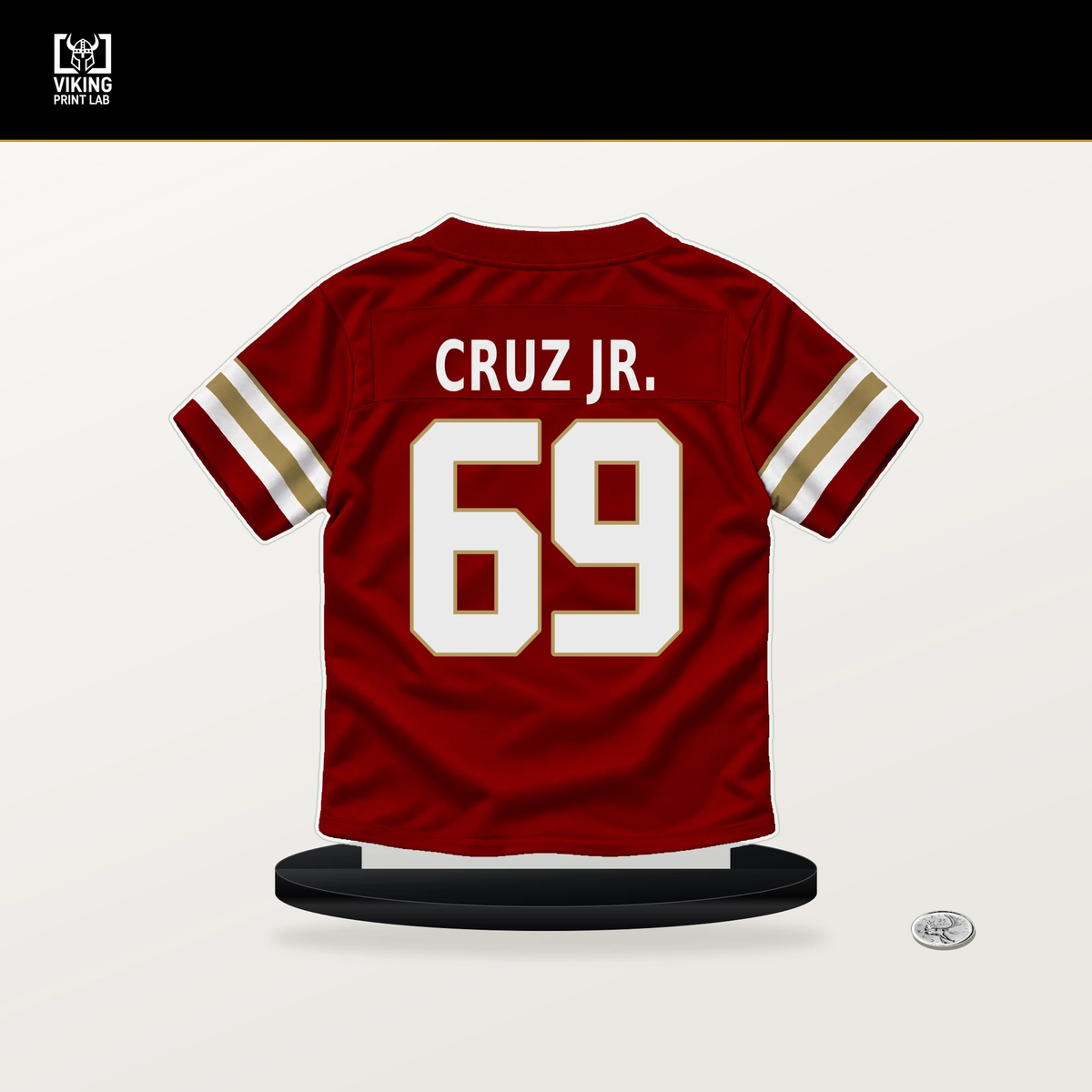 Enrique Cruz Jr. number 69 San Francisco 49ers jersey stand with included black base.