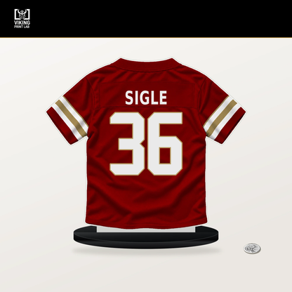 Marques Sigle number 36 San Francisco 49ers jersey stand with included black base.