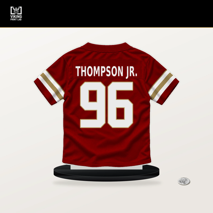 James Thompson Jr. number 96 San Francisco 49ers jersey stand with included black base.