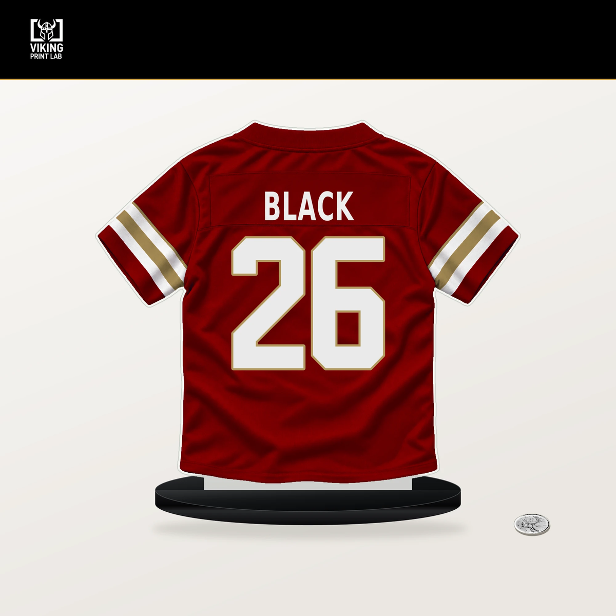 Kaelon Black number 26 San Francisco 49ers jersey stand with included black base.