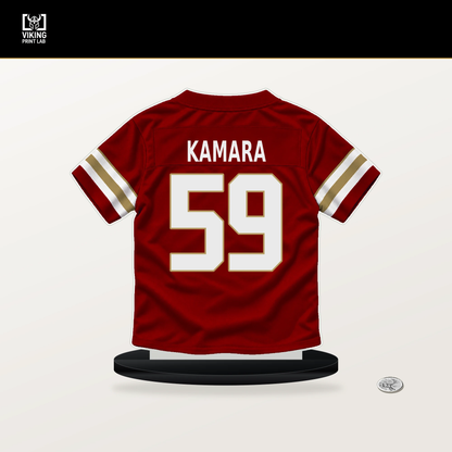 Mikail Kamara number 59 San Francisco 49ers jersey stand with included black base.