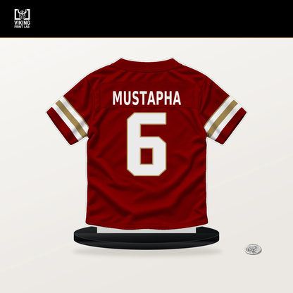 Malik Mustapha number 6 San Francisco 49ers jersey stand with included black base.