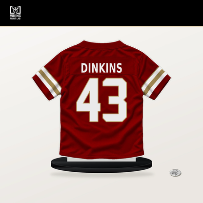 Khalil Dinkins number 43 San Francisco 49ers jersey stand with included black base.
