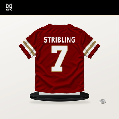De'Zhaun Stribling number 7 San Francisco 49ers jersey stand with included black base.