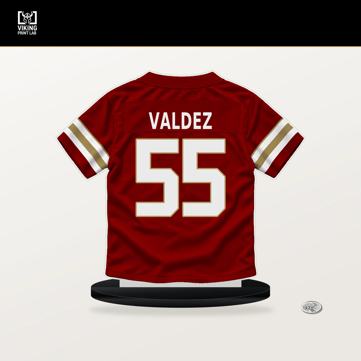 Sebastian Valdez number 55 San Francisco 49ers jersey stand with included black base.