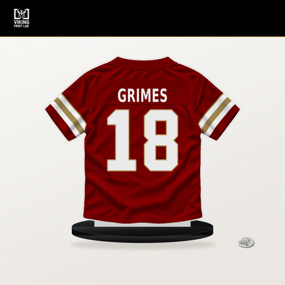 Wesley Grimes number 18 San Francisco 49ers jersey stand with included black base.