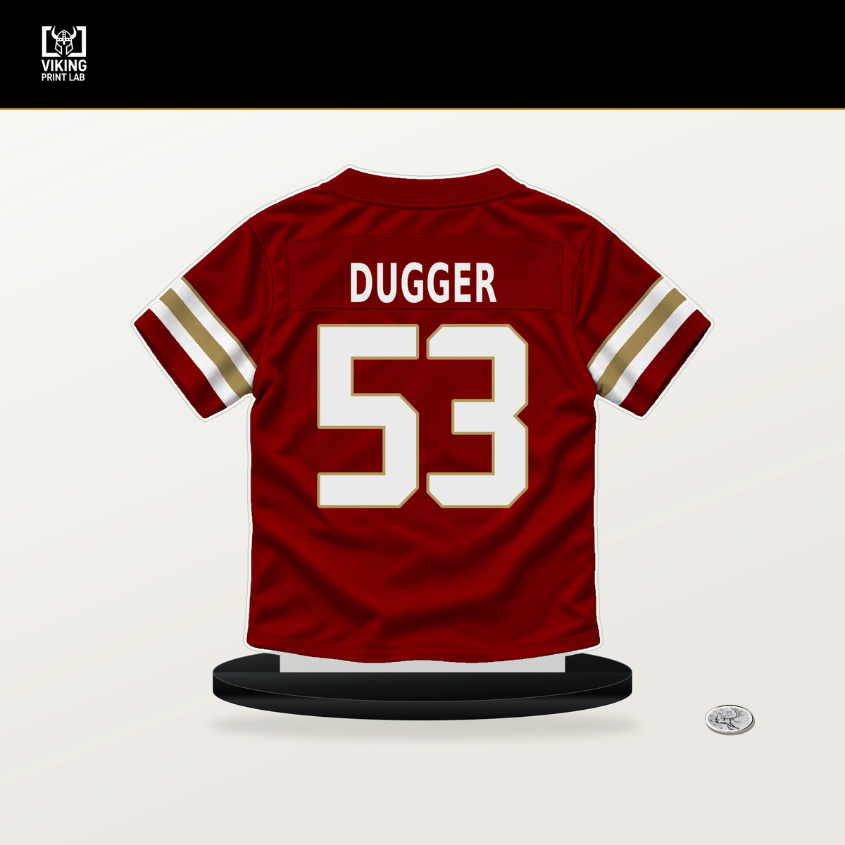 Jaden Dugger number 53 San Francisco 49ers jersey stand with included black base.