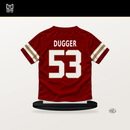 Jaden Dugger number 53 San Francisco 49ers jersey stand with included black base.