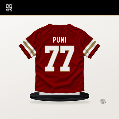 Dominick Puni number 77 San Francisco 49ers jersey stand with included black base.