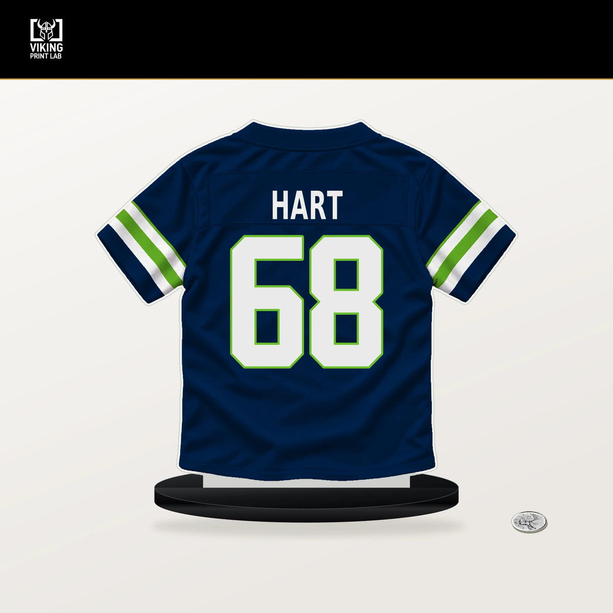 Bobby Hart number 68 Seattle Seahawks jersey stand with included black base.