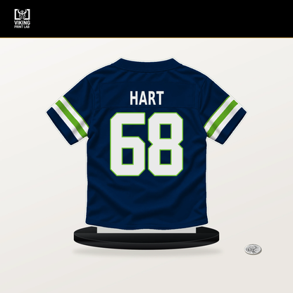 Bobby Hart number 68 Seattle Seahawks jersey stand with included black base.