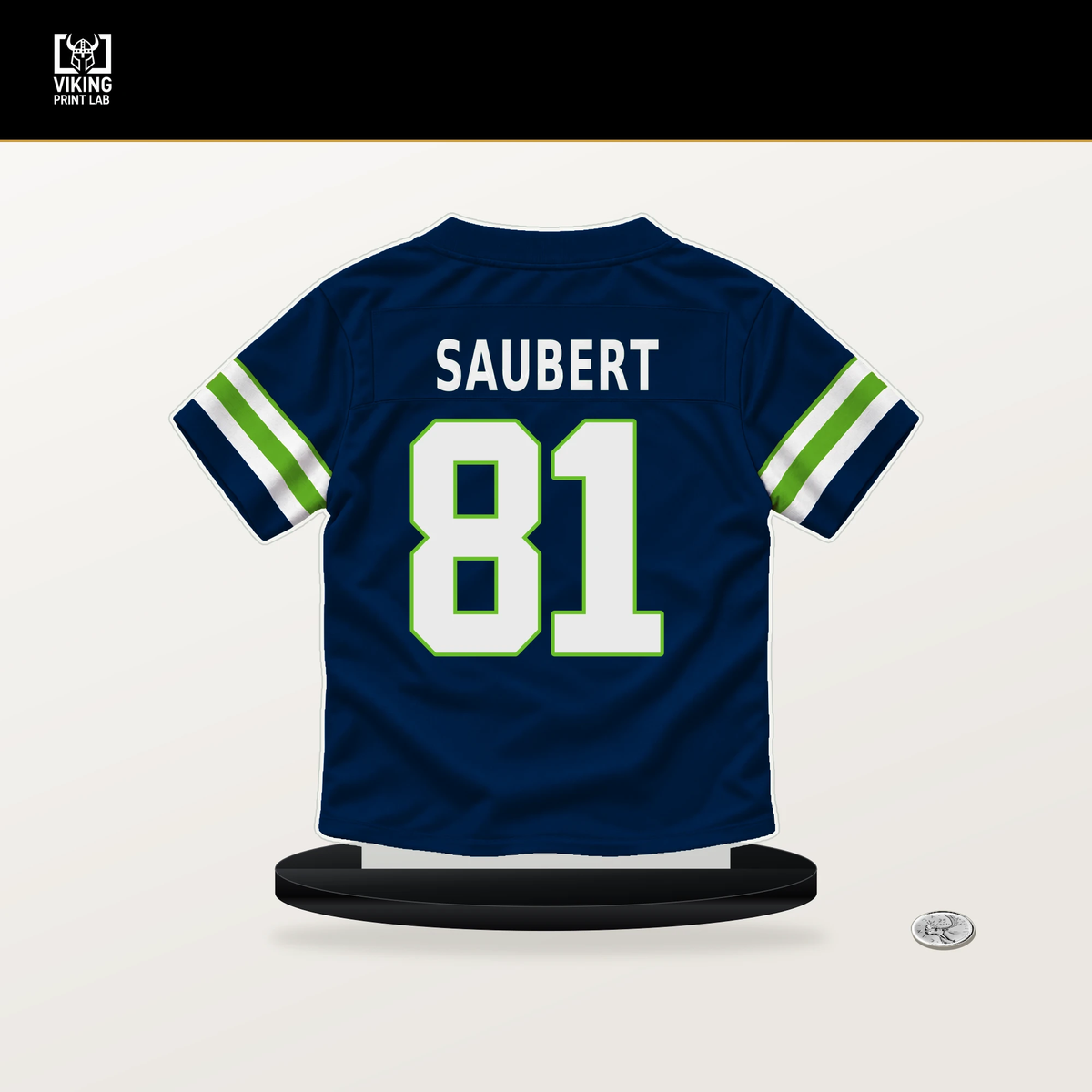 Eric Saubert number 81 Seattle Seahawks jersey stand with included black base.