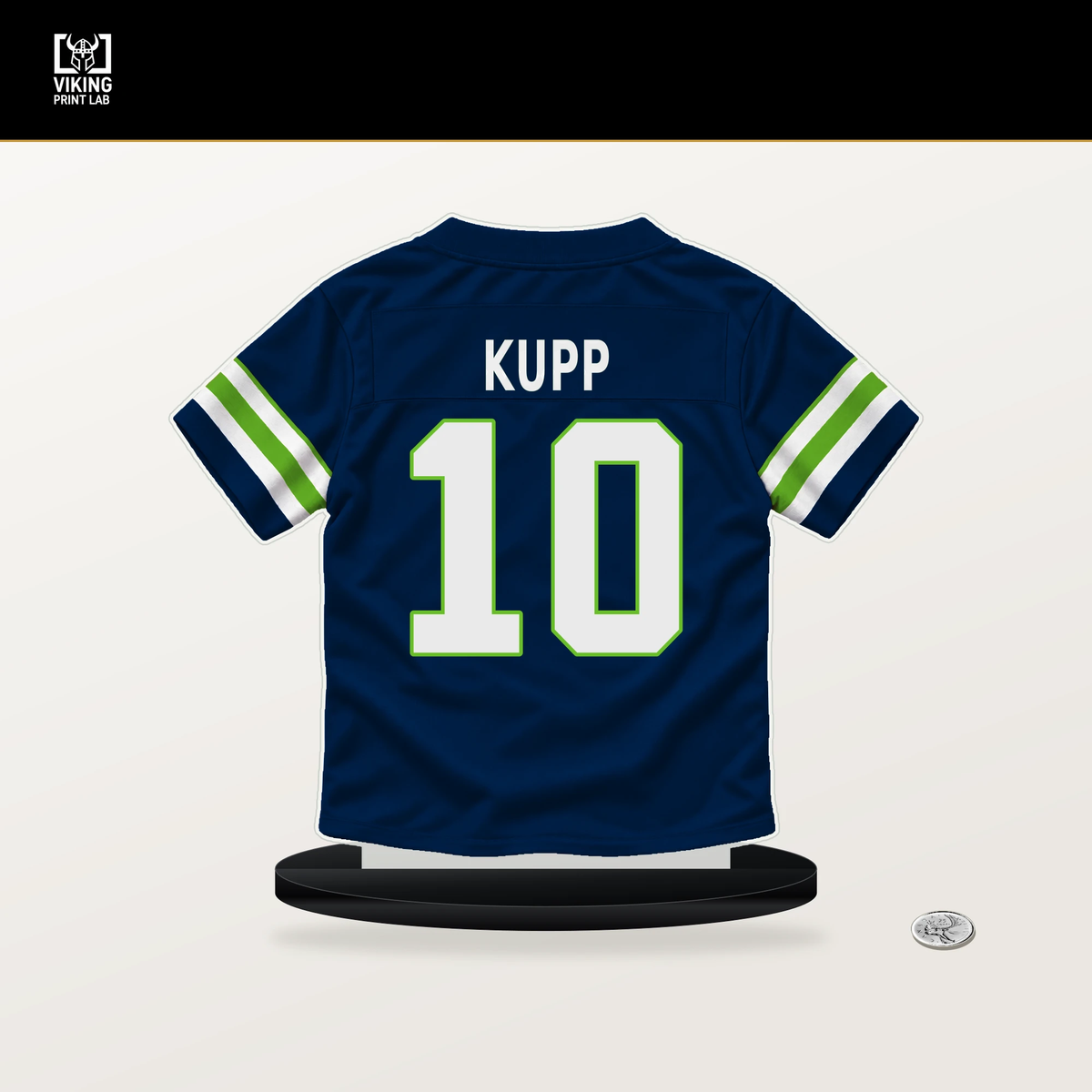 Cooper Kupp number 10 Seattle Seahawks jersey stand with included black base.