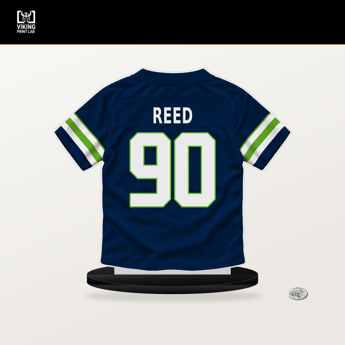 Jarran Reed number 90 Seattle Seahawks jersey stand with included black base.
