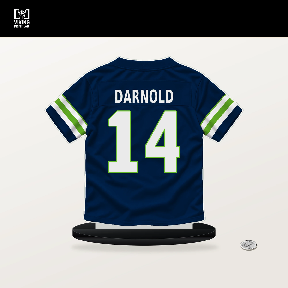 Sam Darnold number 14 Seattle Seahawks jersey stand with included black base.
