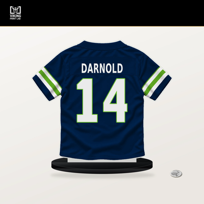 Sam Darnold number 14 Seattle Seahawks jersey stand with included black base.