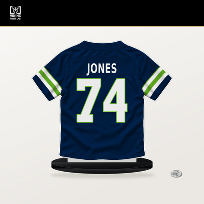 Josh Jones number 74 Seattle Seahawks jersey stand with included black base.