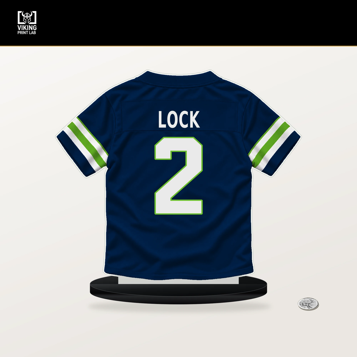Drew Lock number 2 Seattle Seahawks jersey stand with included black base.