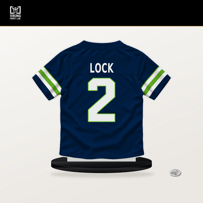 Drew Lock number 2 Seattle Seahawks jersey stand with included black base.