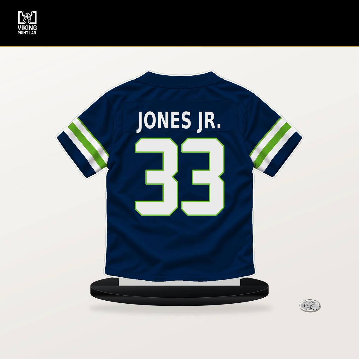 Velus Jones Jr. number 33 Seattle Seahawks jersey stand with included black base.