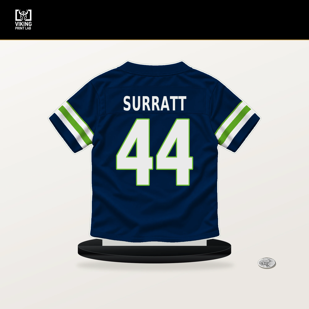Chazz Surratt number 44 Seattle Seahawks jersey stand with included black base.